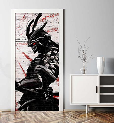 MyMaxxi - Tür bekleben mit Türtapete Türposter Türfolie Selbstklebend 90x200 Dämonen Samurai mit Katana - Tür verschönern Türaufkleber Türklebefolie Krieger Kämpfer schwarz rot