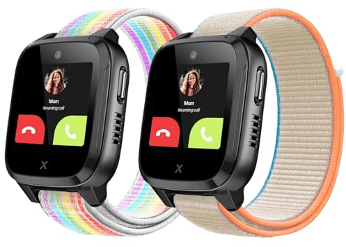 Snyeest 2-Stück Nylon Armbänder Nur Kompatibel mit XPLORA Kidzi Armband, Kids Smartwatch Klettverschluss Mädchen Jungen Verstellbare Ersatz Armbänder Kompatibel mit Xplora Kidzi,Regenbogen+Milch