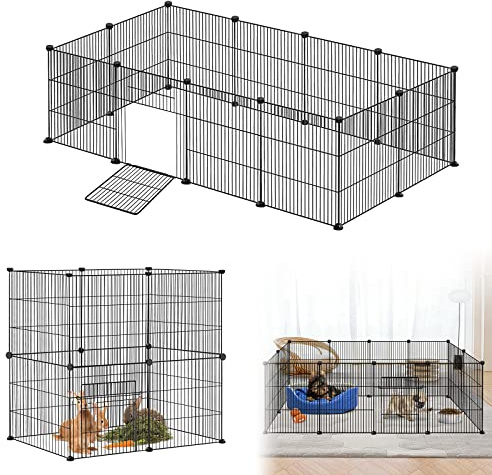 LARS360 Freigehege Kaninchen, Freigehege Gittergehege für Kaninchen aus Metallgitter inkl. Tür, DIY Kleintierkäfig für Kaninchen, Meerschweinchen, Welpen, 142 x 72 x 36cm, Schwarz