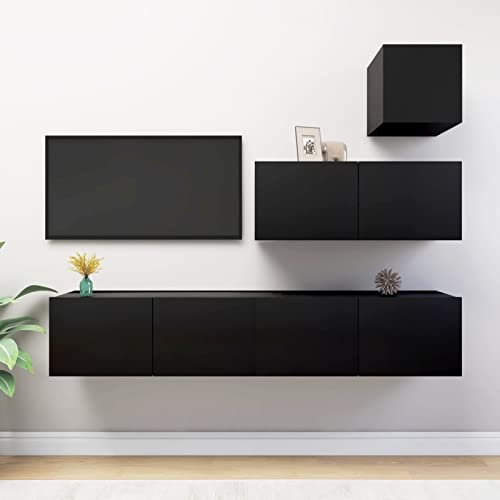 ZHOUMIN 4-TLG. TV-Schrank-Set, Wohnwand Wohnzimmer, Anbauwand Wohnzimmer, Schrankwand Wohnzimmer, Esszimmer Schrank, Schwarz Holzwerkstoff