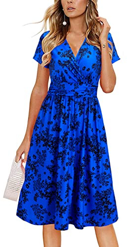 OUGES Women Summer Casual Dress V Neck Short Sleeve Ladies Spring Mothers Day Midi Dress(Floralz24-419,L)