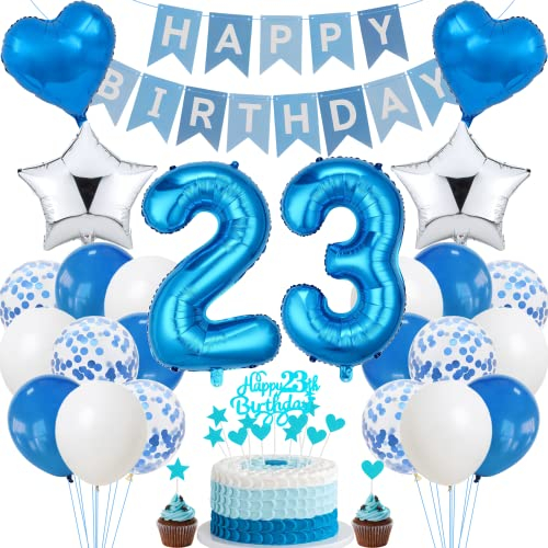 Jrzyhi 23. Geburtstag Dekoration - Blau Silber Tortendeko für Männer und Frauen - Party Deko Set