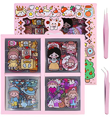 Kawaii Sticker Cartoon Mädchen Aufkleber: HOMURY 100 Blatt Niedliches Cartoon-Mädchen-Aufkleber-Set PET Transparente Dekorative Aufkleber für Junk-Journal, DIY-Kunsthandwerk, Fotoalbum
