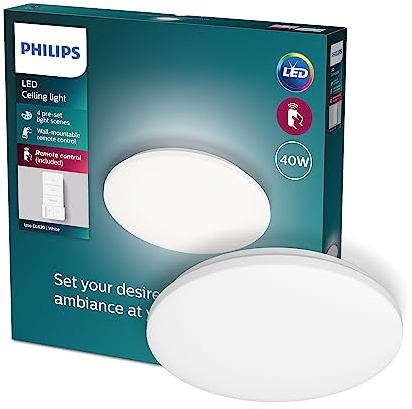 Philips Izso-Deckenleuchte, dimmbar mit Fernbedienung, 40 W, 2700-6500 K, Weiß, IP20, blend- und flimmerfrei