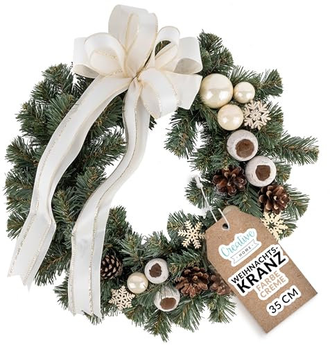 Creative Home Weihnachtskranz Cremefarben Türkranz Weihnachten Tannenkranz Künstlich | Durchmesser 35 cm | Adventskranz für Haustür Wand Tisch | Indoor & Outdoor | Weihnachtsdeko | Winter Deko