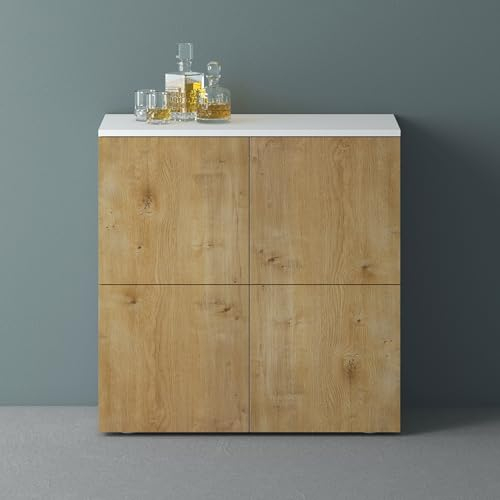 Mai & Mai Möbel Kommode Aufbewahrungsschrank mit 4 Türen in Weiß matt + Kerneiche Sideboard Schrank Mehrzweckschrank BTH: 76x36,4x74 cm Schrank04