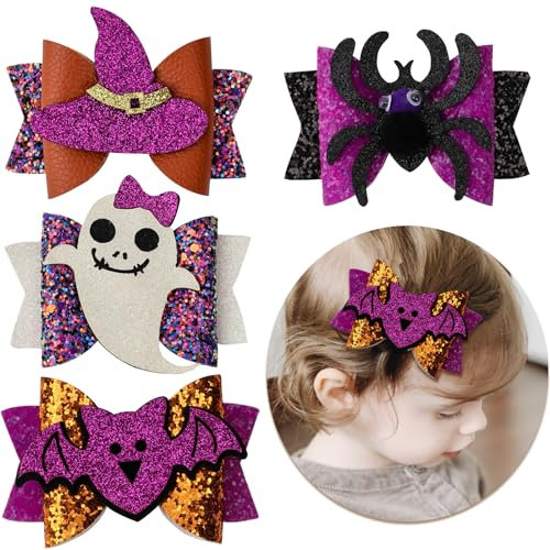 4 PCS Pinces à Cheveux Noeuds à Paillettes Halloween avec Chauve-Souris Araignée Fantôme Chapeau de Sorcière, Épingle à Cheveux Halloween Accessoire Cheveux Halloween Pince Cheveux Femme et Filles