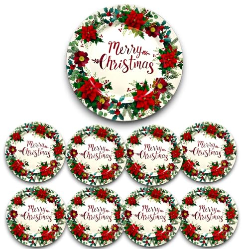 12x Sottopiatti Decorativi Bordo Merry Christmas con Fiore e Babbo Natale, Tondo 33 cm Natale cenone sotto Piatto Natalizio Capodanno Cena Aperitivo Rosso Rame Rosso e Bianco (Bordo con Fiore 33 cm)