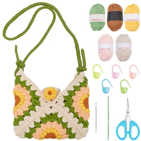 FREEBLOSS Häkeltaschen Set, Häkelset Für Anfänger, Komplette Häkelsets Für Erwachsene, DIY Sonnenblumen Häkeltasche Mit Video Tutorials, Gehäkelte Stricktasche Für Geschenkfrauen