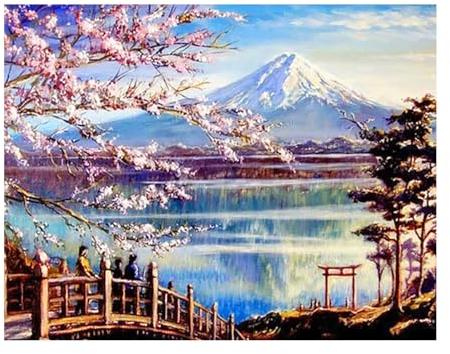 SHEGZHUC 50x40cm Diamond Painting Berge Landschaft Seen Diamond Painting Japan Landschaft Kirschblüte Diamond Painting Kirschbaum Brücke Diamant Malerei Stickerei Kreuzstich Wanddekoration Berg Fuji