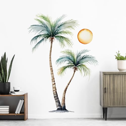 Tanlaby Wandtattoo Palme Groß Baum Wandaufkleber Aquarell Palmen Tropische Pflanzen Wandsticker Sonne Kokosnussbaum für Wohnzimmer Schlafzimmer Flur Bad Wanddeko