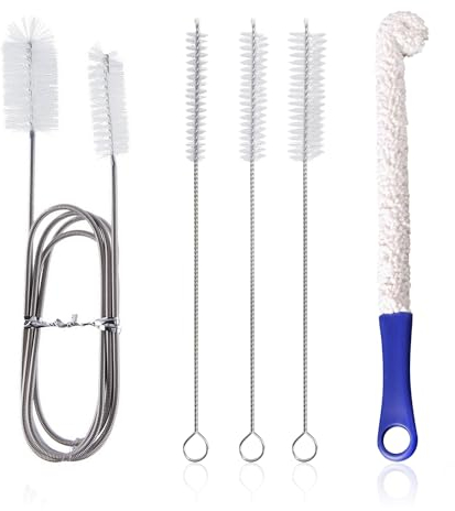 5-Piece Cleaning Brush Set, Double-Sided Stainless Steel Pipe Brush, Stainless Steel Long-Handled Cleaning Brush, Sponge Brush, Suitable for Pipes, Sinks, Bottles, Aquariums