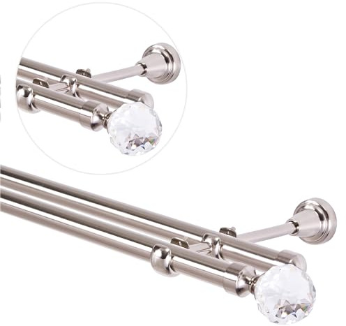 Gardinenstange 540 cm für Wandmontage, Vorhangstange 19 mm 2-läufig Edelstahloptik, Gardinenstangenset mit Kugel Kristall