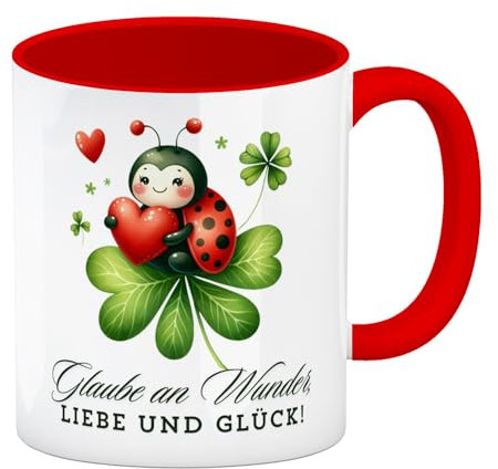 Marienkäfer Kaffeebecher in rot mit Spruch Glaube an Wunder, Liebe und Glück! Perfekte Tasse für Glaube an Wunder mit süßem Marienkäfer rotem Herz und Kleeblatt