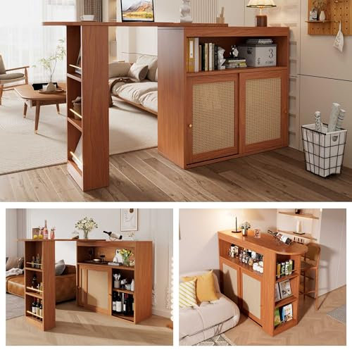 NIUAWASA Mesa de bar extensible con espacio de almacenamiento, de ratán en los frentes de las puertas, estantes ajustables, mesa alta de bistró, mesa alta, isla de cocina, mesa pequeña (138-193 x 39 x