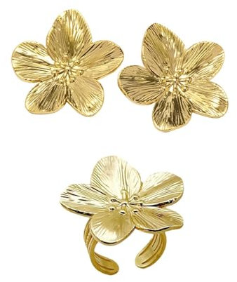1 Paire De Boucles D'Oreilles Fleurs Et 1 Bague Fleur, Bijoux Vintage, Élégantes, Bague Ouverte, Fantaisie Pour Femme