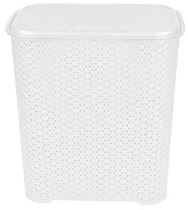 45 Litre Plastic Rattan Style Laundry Hamper Storage Linen Clothes Washing Basket Laundry Basket With Lid and Carry Out Handles Storage Bins For Dirty Clothes Toys Bathroom Bedroom (White)
