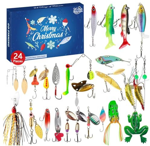 Angel Adventskalender 2024, 24 Köder Set Adventskalender Angeln, Weihnachtskalender Männer, Angler Adventskalender Männer 24 Tage Countdown Weihnachten Geschenk Für Fischer Erwachsene Teenager (F)