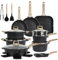 Cuisinluv Ensemble de 23 pices : Batterie de cuisine antiadhesive en pierre de granit avec poles frire, casseroles et pole griller (Noir, sans PFOA)
