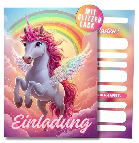 HIDEBLOOM GLITZER Einhorn Einladungskarten Kindergeburtstag Mädchen I 12 Stück I DIN A6 (10,5 cm x 14,8 cm) I Einladung Geburtstag mit Glitzerlack I Glitzer Geburtstagseinladungen Einhorn Regenbogen