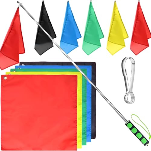 CHSG 5pcs Pferde-Trainingsflagge, Mit 200 cm Teleskop-Fahnenmast, 1 Edelstahl Schnallenring, Je Eine Rote, Gelbe, Blaue, Grüne Und Schwarze Flagge, Für Camping Ausflüge Wettbewerbe Reiseleiter Lehrer