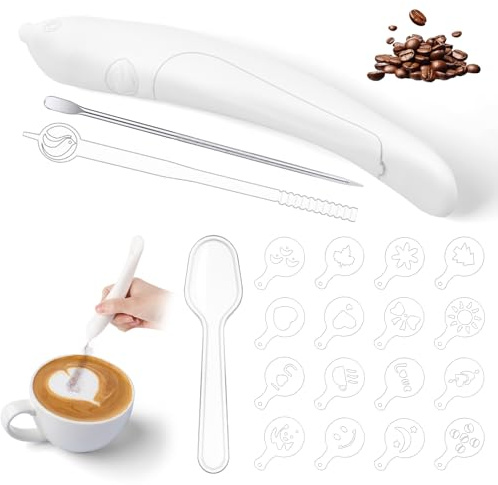HOTUT Elektrische Latte Art Pen, Kaffeeschnitzstift mit 16 Teile Kaffee Cappuccino Schablonen und Kaffee Kunst Pen, Gewürzstift für Kakao, Latte, Kaffeesatz, Kakaopulver, gemahlener Zucker