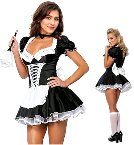 JOO-JOOG Women's French Maid Costume Sexy Black Satin Halloween Maid Fancy Dress S-5XL with Ruffled Skirt