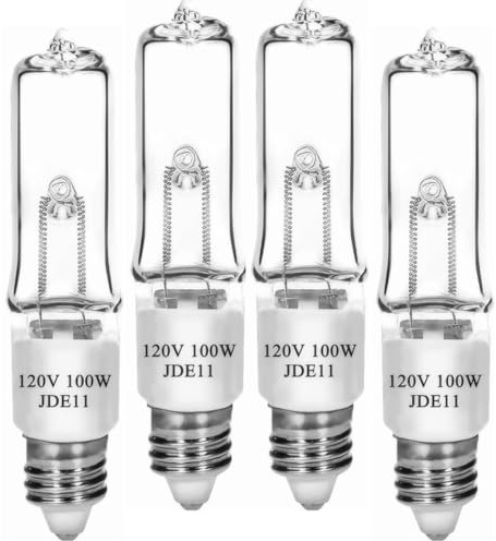 Lachesan JDE11 120V 100W T4 Mini Candelabra Base(Replacement E11 Led Bulb) 2700K Clear Dimmable JD E11 Halogen Light Bulbs for Chandeliers, Ceiling Fan, Table Lamps, Cabinet Lighting, 4 Pack