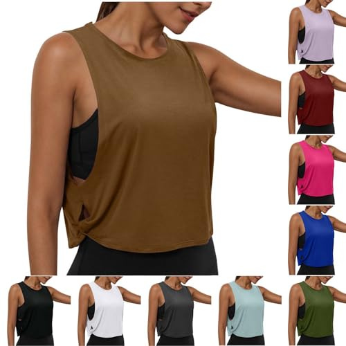 Gym Tops for Women UK Loose Basic Vest Sleeveless T-Shirts Athletic Tank Top Quick Dry Yoga Tees Workout Sports Tops for Fitness Running Walking Brown