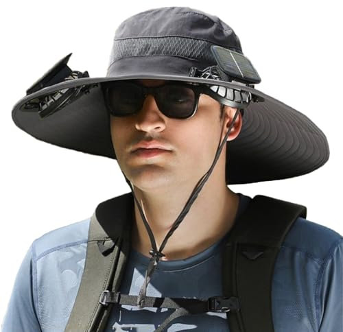 Wide Brim Solar Fan Hat,Fisherman Cap with 2 Solar Fan,Solar & Type-C Charging,3 Adjustable Wind Speeds,UV Protection Fishing Hat for Outdoor Activities-Dark Gray