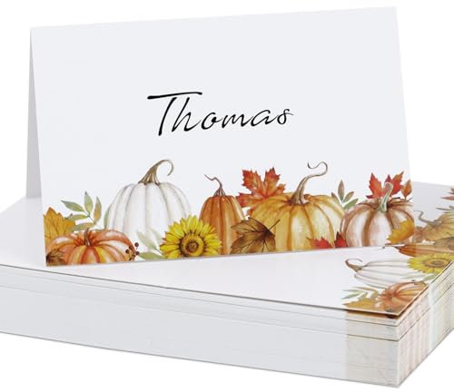 BETESSIN Lot de 50 Marque-Places Automne Citrouille Porte Nom Table Cartes Nom Cartons Placement 8,5x5,5cm pour Mariage Anniversaire Fête de Récolte Thanksgiving