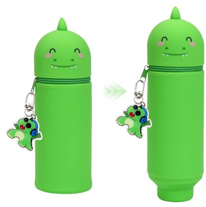 HUANR Kawaii Etui Schule, 2-in-1 Silikon Federmäppchen, Stand Stifthalter | Dinosaurier Form Schul Sachen, mit Cartoon-Anhänger, für Bleistift, Kugelschreiber, Schminkstift