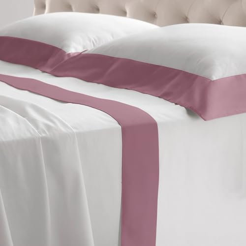 Riad Arredo Set Completo Letto Matrimoniale in 100% Cotone 180TC Italiano PERCALLE e Balze RASO - Set Lenzuola Morbidissime Tinta Unita con Balze in Raso SATIN Artigianali Made in Italy (Rosa Antico)