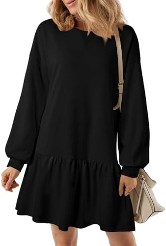 PICKLION Women's Casual Dress Long Sleeve Ladies Pullover Dress Mini Pleated Ruffle Sweatshirt Dresses Black XL