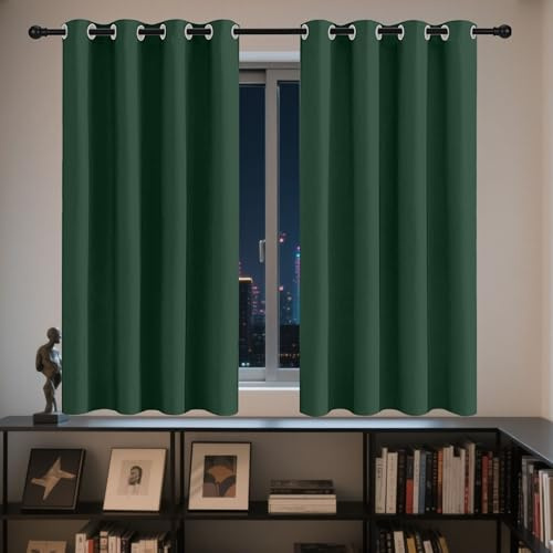 PSHYJUN Gardinen Blickdicht 140 x 125 cm Wärmeisolierend Kälteschutz Sonnenschutz Blickdichte Ösenvorhang/Vorhänge Blickdicht mit Ösen, Waschbar für Fenster Wohnzimmer, Dunkelgrün