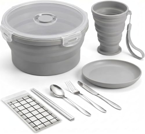Camping Mess Kit, 8pcs, Foldable, Stainless Steel Cutlery Tablecloth | Camping Plates and Bowls Set, Foldable Mess Kit ,Camping Cutlery Set for Outdoor Traveling Hiking Camping Picnic (Grey)