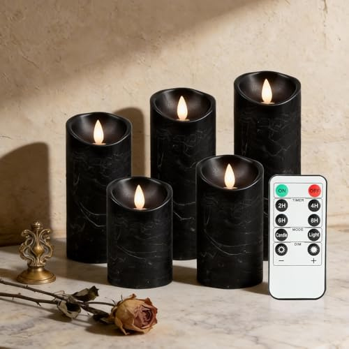 RanBluu 5 Pack LED Candles with Remote Control & 24 Hour Timer, Flameless Real Wax Pillars, Battery Powered Flickering Candles for Birthday/Party/Wedding, Black