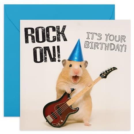 Adorable Hamster Birthday Card – Rock On Guitar & Party Hat - Cute Animal Photo Greeting for Friends Teens Coworkers Son Nephew Grandson Boys Family Him - Cool Rock and Roll -Comes with Stickers