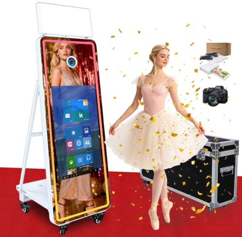 Magic Mirror DSLR Photo Booth with 32 Inch Touchscreen, Instant Printing & LED RGB Square Light, Portable Photobooth with Flight Case for Weddings Parties Events (White, Full Set)