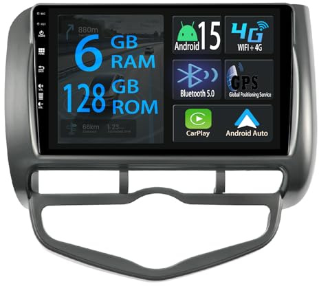 [6+128GB] Keconsing 9 Zoll Android 15 Autoradio Für Honda Fit City Jazz 2002-2007 Radio Carplay Stereo Wireless Car Play GPS Auto Navi Bildschirm Bluetooth Navigation Player Touchscreen FM SWC