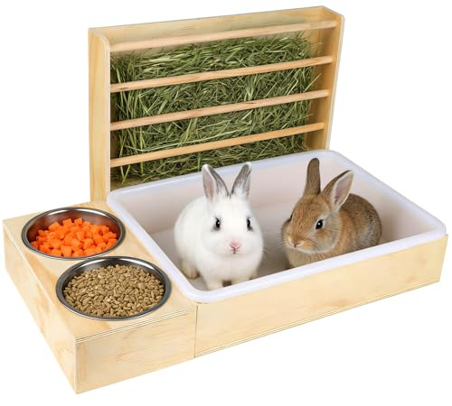 3-in-1 Kaninchen Heuraufe Mit Toilette Und Futternäpfen | Holz Kleintier Futterstation Mit Heuspender, Kaninchen Futterspender FürKaninchen, Meerschweinchen, Hamster, Chinchilla