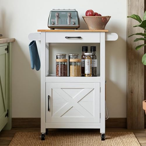 TactFire Desserte de Cuisine sur roulettes, Îlot Central Cuisine | étagère réglable,Meuble de Rangement avec Crochets latéraux, 74 x 63 x 89 cm (Blanc)