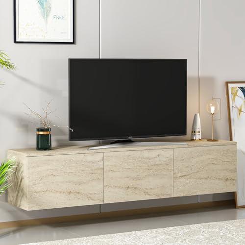 Homidea Levante Hängendes TV Lowboard 160 cm – Wandmontiertes TV-Board mit Klapptüren, Modernes TV-Möbel für Wohnzimmer (Travertin)