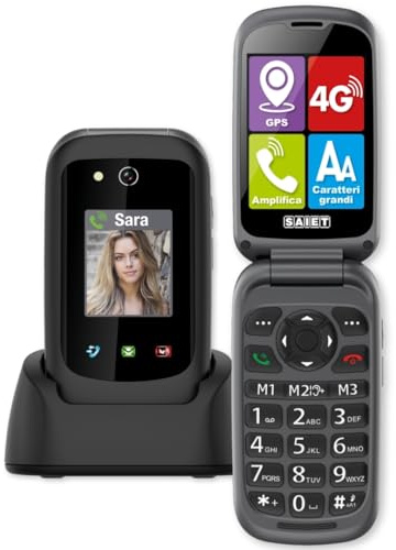 SAIET Prime GPS Cellulare per Anziani 4G con Tasto SOS, Localizzazione GPS | Telefono con Doppio Display e Audio Potenziato, Base di Ricarica e Torcia LED, Facile da Usare, Sicuro e Affidabile - Nero