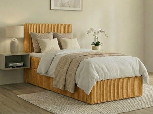 A&J MöbelLand Boxspringbett RALF 100x200 mit Bettkasten und Topper – Bonellmatratze H4 – Stauraum Links – Gelb