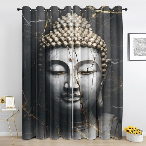 Schwarz Gold Marmor Buddha-Statue Vorhänge Orientalisch Meditation Blickdicht Vorhang, Thermo Gardinen mit Ösen Verdunklungsvorhänge für Wohnzimmer Schlafzimmer Fenster Deko 2er Set 200x140 cm