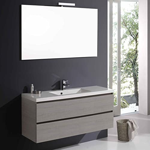 Kiamami Valentina Mobile bagno sospeso 120cm grigio, 2 cassetti, lavabo in resina, specchio con lampada | Manhattan