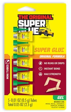 Super Glue Gel, 5 Mini Single-Use Tubes, Clear, Instant Bonding, No-Drip Formula, Cyanoacrylate Adhesive, Precision Tip for Wood, Metal, Plastic, Crafts, Ceramic, and Vertical Surfaces