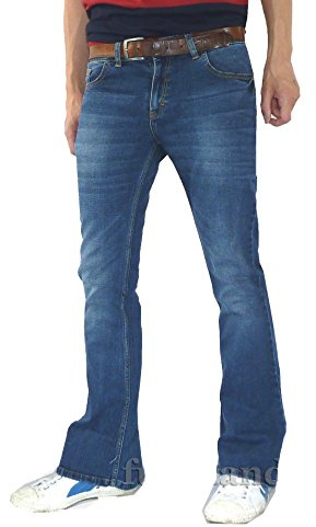 Mens Denim Bell Bottoms Flares Jeans 60s 70s Indie Hippie Distressed Faded Blue (34 Waist x 32 Leg)
