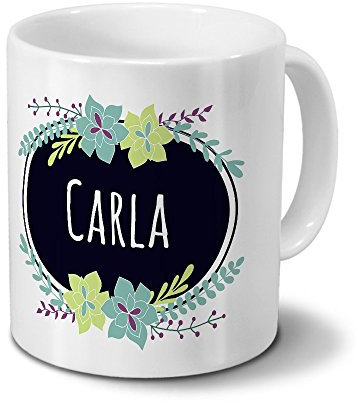 printplanet Tasse mit Namen Carla - Motiv Flowers - Namenstasse, Kaffeebecher, Mug, Becher, Kaffeetasse - Farbe Weiß